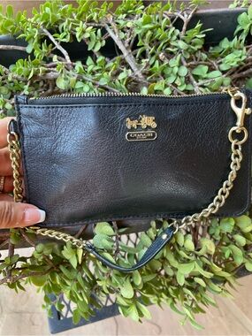COACH Black Leather Wristlet with Gold Chain Detail